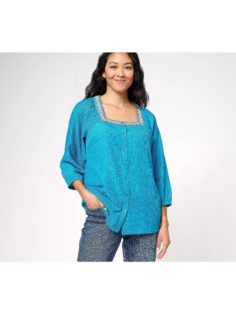 Isaac Mizrahi Live! Blouse Large Textured Stretch Woven Button Front Blue New